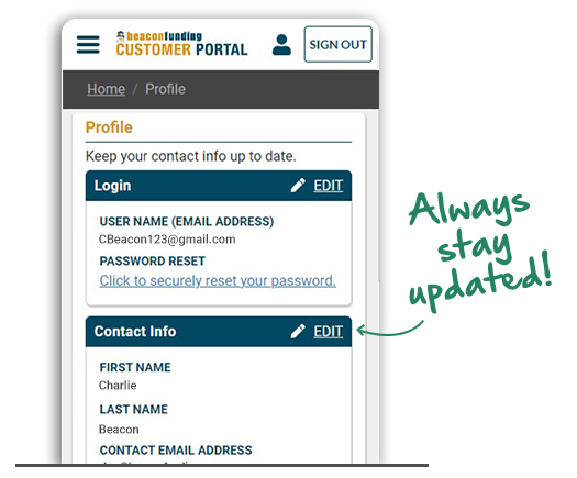 Phone with Customer Portal Profile page open