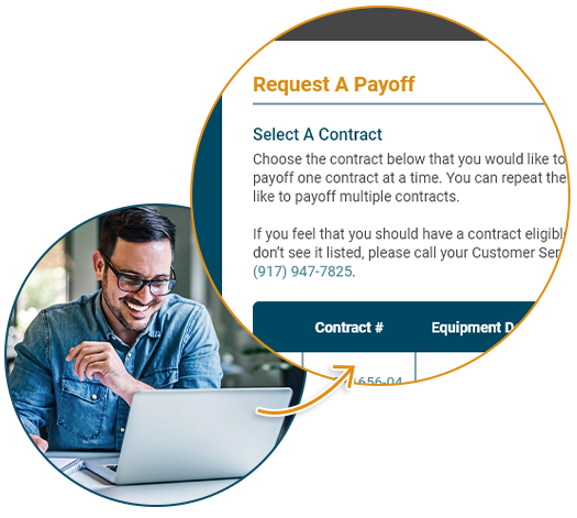 Smiling man looking at computer with Beacon Funding's Customer Portal open with the Request a Payoff Letter page open.