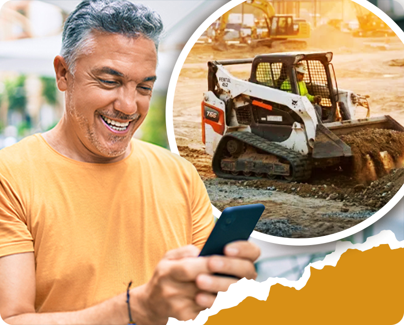 Man looking at landscaping equipment on phone, smiling and happy.