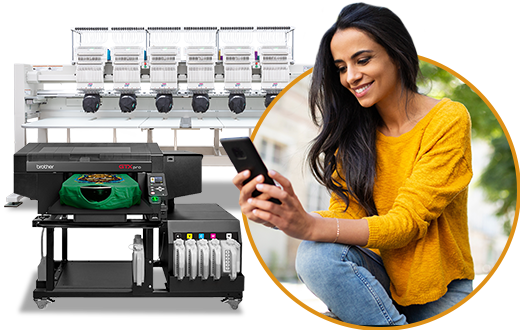 woman using phone, decorated apparel equipment