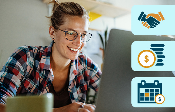 A smiling woman in glasses works on a laptop, with icons representing finance, agreements, and scheduling nearby.