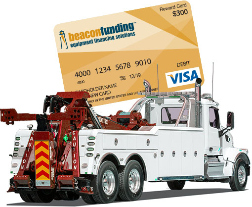 A large $300 Visa gift card sits behind a red medium-duty tow truck.