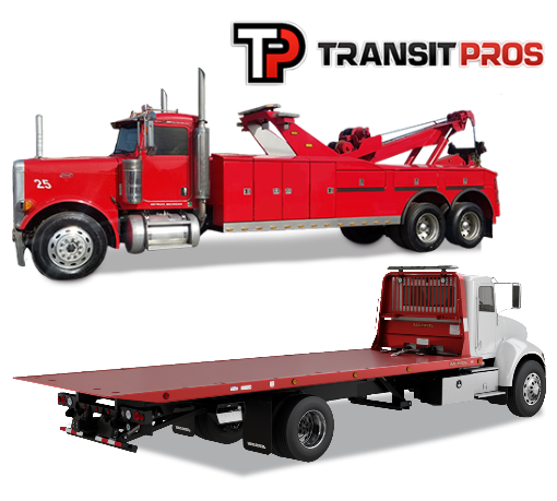 Red heavy-duty tow truck and white flatbed tow truck