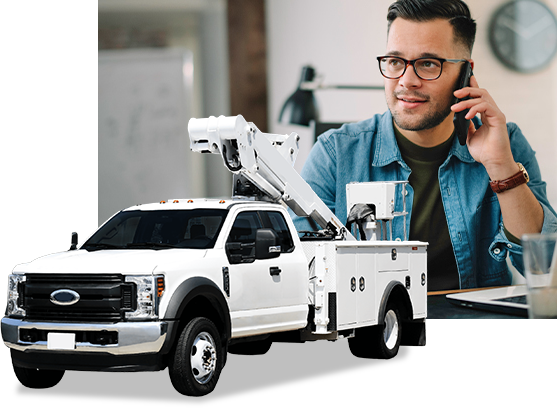 Man on phone talking with Boom truck