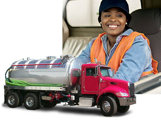 Woman septic truck pumper truck driver smiling