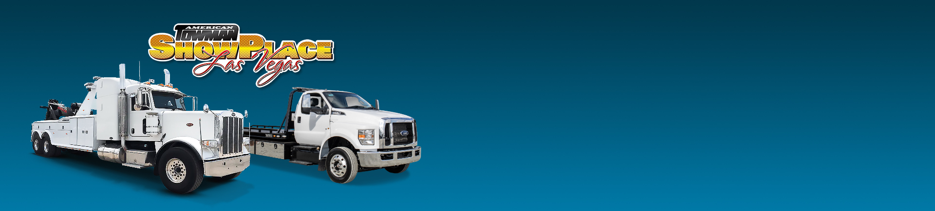 American Towman ShowPlace logo and 2 tow trucks