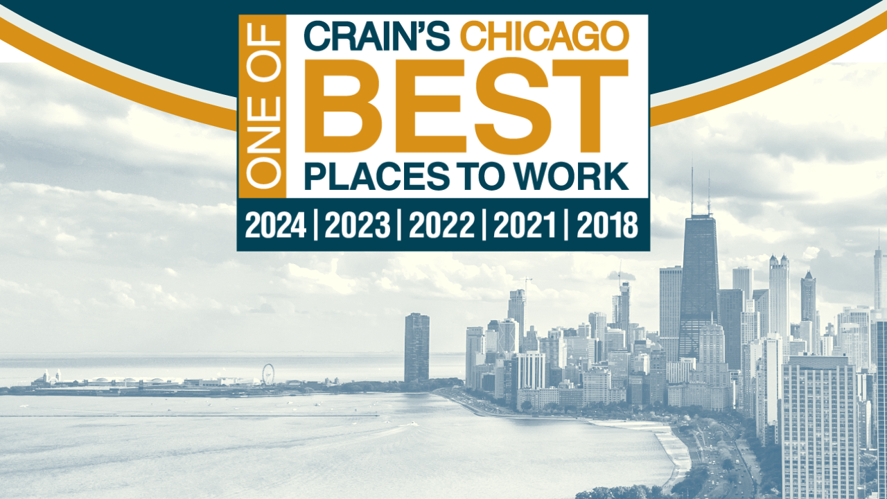 Crain's logo with years, Chicago skyline in background