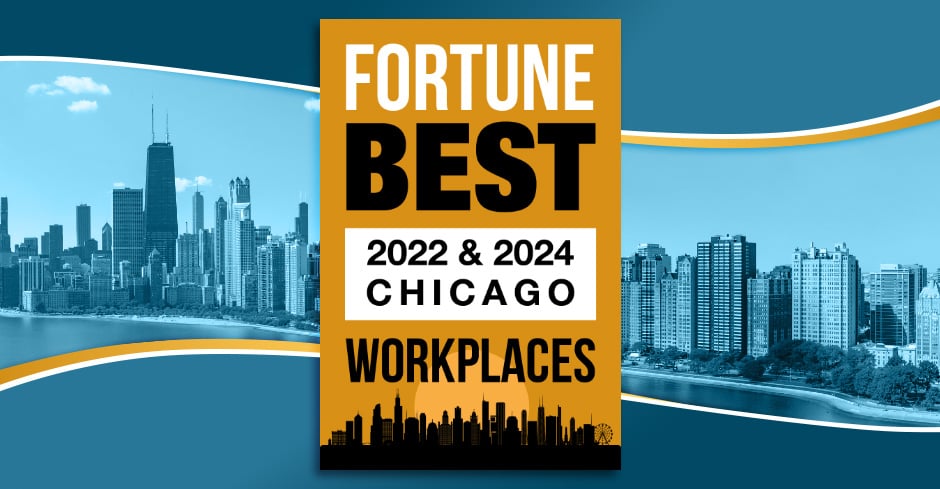 Fortune Best Workplaces logo, Chicago Skyline in background