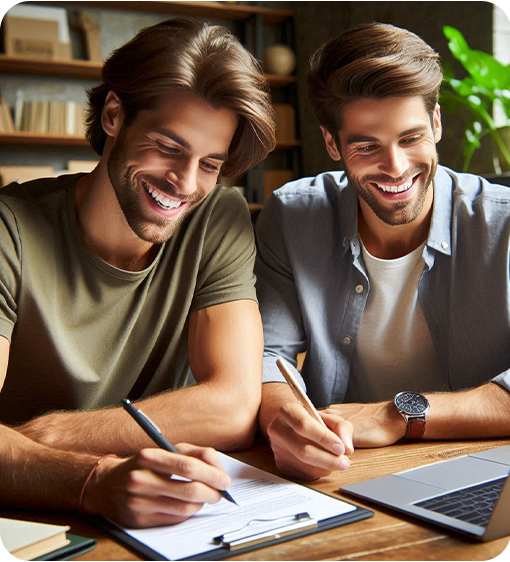 Men doing paperwork, happy