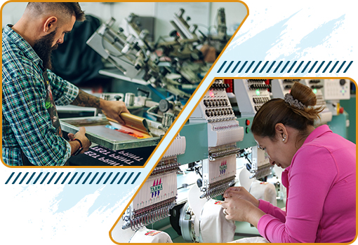 man using screen printer and woman using embroidery machine