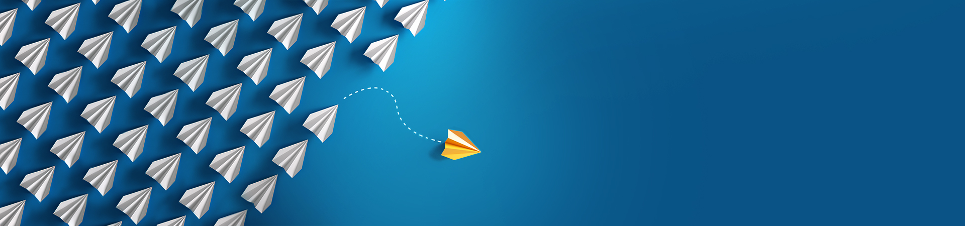 Rows of white paper planes on a navy background. The gold paper plane deviates from the pack.