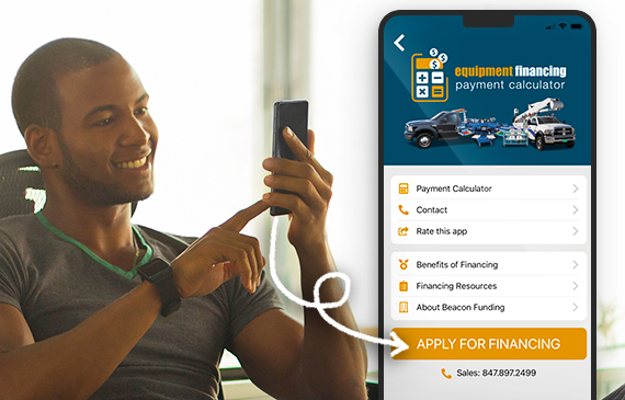 An entrepreneur smiles as he applys for equipment financing on his personal mobile phone. An entrepreneur smiles as he applys for equipment financing on his personal mobile phone.