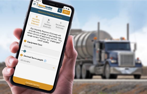 A closeup of Beacon Funding's monthly payment calculator to see low monthly payments for their septic pumper truck.
