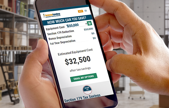 A business owner checks their potential tax savings on their mobile device with Beacon Funding's app. A business owner checks their potential tax savings on their mobile device with Beacon Funding's app.