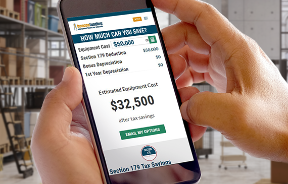 A business owner checks their potential tax savings on their mobile device with Beacon Funding's app.