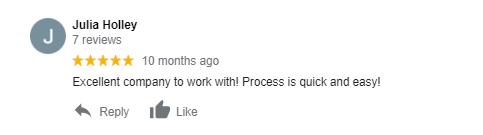 Text of a customer's 5 star review on Google, saying "Excellent company to work with!"