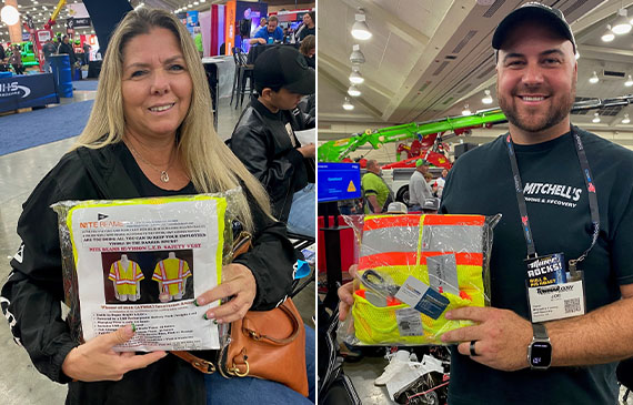 Winners of the Allstate giveaway smile and hold up their high-vis safety vests at the American Towman Expo 2023. Winners of the Allstate giveaway smile and hold up their high-vis safety vests at the American Towman Expo 2023.