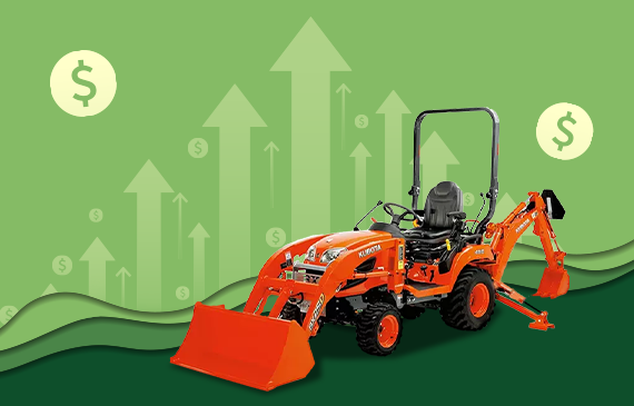 An orange Kubota backhoe sits in the foreground as dollar signs representing savings from Section 179 float up behind the machine.