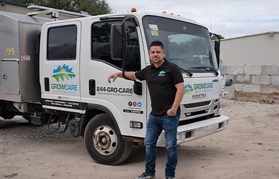 Jose Granados proudly stands in front of his Grow Care Outdoor Solutions truck in North Fort Myers, Florida. Jose Granados proudly stands in front of his Grow Care Outdoor Solutions truck in North Fort Myers, Florida.