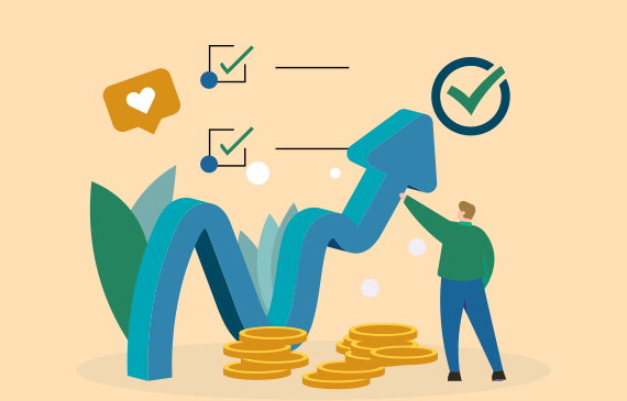 Illustration of a person pointing to an upward‑moving arrow surrounded by checkmarks and coins, representing how Beacon Funding’s equipment financing helps businesses improve cash flow, build credit, and support long‑term growth.