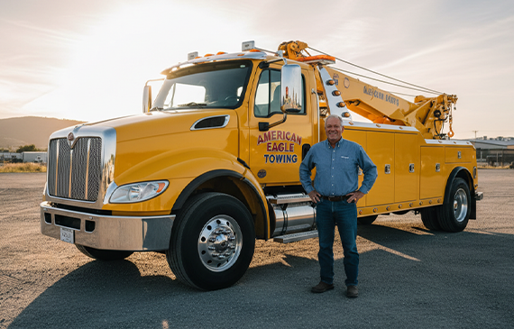 Tow truck operator stands proudly next to a heavy-duty service vehicle, showcasing how Beacon Funding helps businesses acquire essential equipment with affordable financing, fast approvals, and support for long-term success.