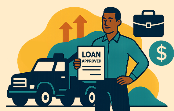 An illustrated professional holding a document labeled ‘Loan Approved’ in front of a work truck, with icons representing business tools, money, and upward progress. The image conveys how fast approvals and accessible financing empower companies to acquire the equipment they need. Beacon Funding’s brand message is reflected in the emphasis on easy approvals, reliable support, and helping businesses move forward with confidence.