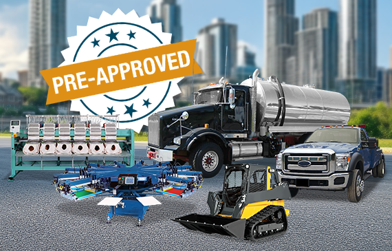 This image showcases a variety of commercial and industrial equipment—including a tow truck, work truck, skid steer, screen-printing press, and textile machinery—set against a blurred cityscape background. A large badge labeled “Pre‑Approved” overlays the scene, emphasizing fast and easy equipment financing availability for businesses across multiple industries.