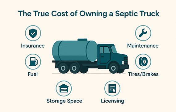 Graphic of a septic truck with icons for insurance, fuel, maintenance, tires and brakes, storage, and licensing, highlighting total ownership costs and how Beacon Funding equipment financing can help manage cash flow. Graphic of a septic truck with icons for insurance, fuel, maintenance, tires and brakes, storage, and licensing, highlighting total ownership costs and how Beacon Funding equipment financing can help manage cash flow.