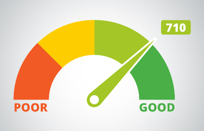 An arrow points to the right and in the green, representing good business credit score.