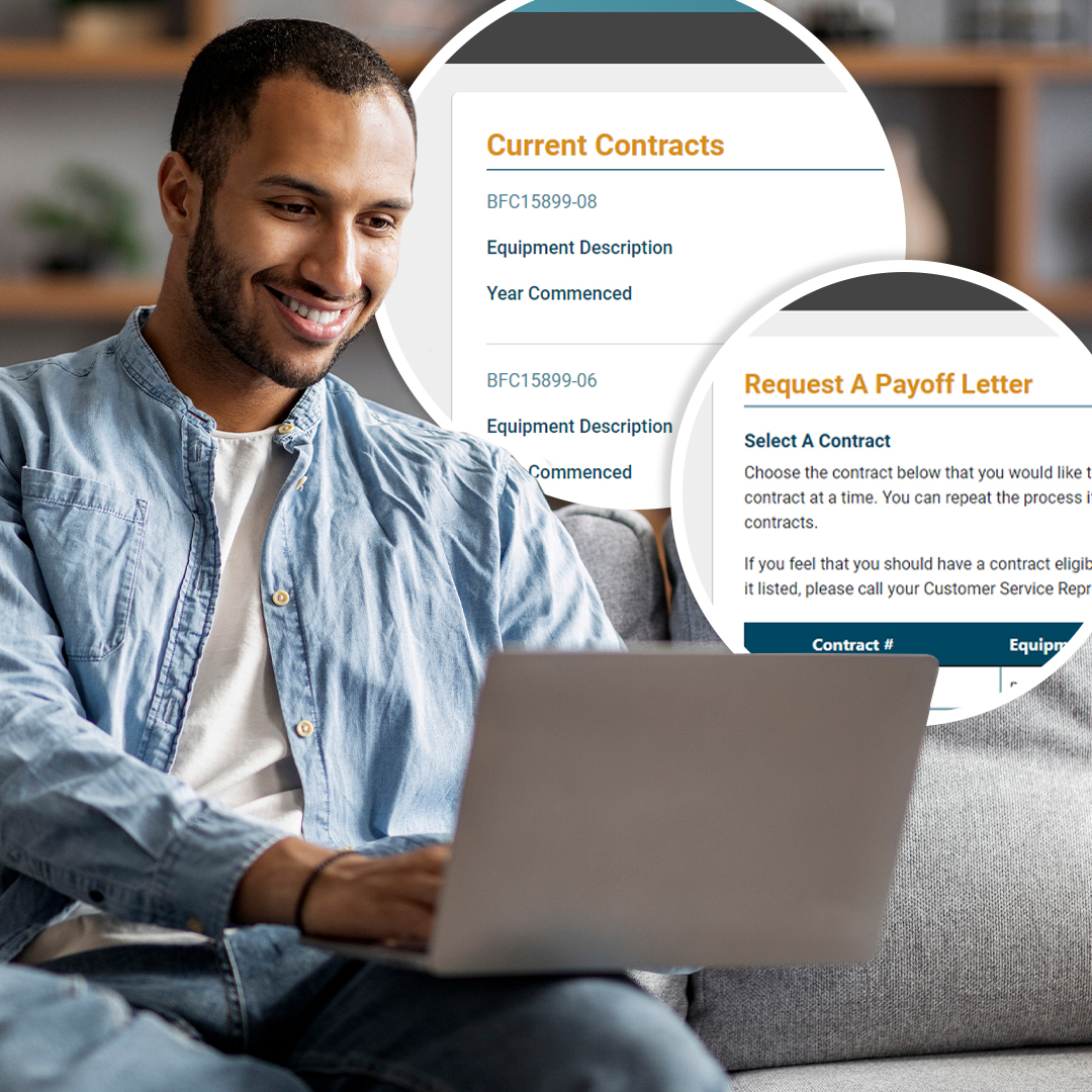 A smiling business owner logs into their Beacon Funding customer portal account on their laptop and selects a contract to request an early payoff letter.