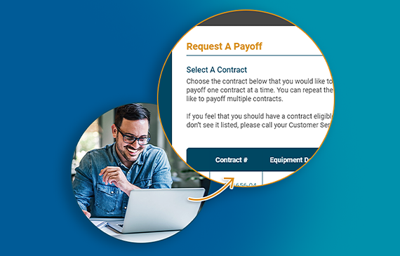 Business owner reviewing a Beacon Funding customer portal screen to request an equipment financing payoff, highlighting flexible financing options that help companies manage cash flow and plan for early payoff.