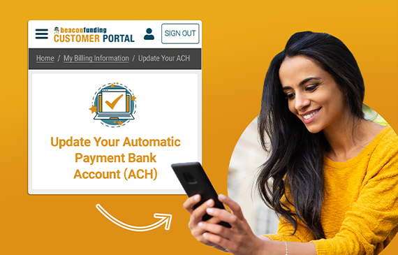 Customer updating automatic ACH payment information through the Beacon Funding online portal, showcasing easy account management and hassle-free equipment financing payments.