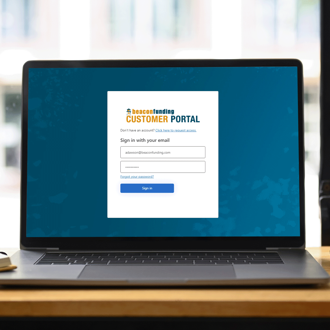 An animation of a Beacon Funding customer logging into their customer portal account on a laptop and requesting an early payoff letter.