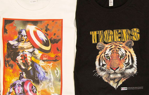 Two tshirts design, one of Captain America (left) and a striped tiger (right)