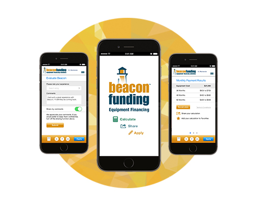 Three mobile phones show Beacon Funding's mobile app. Three mobile phones show Beacon Funding's mobile app.
