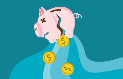 A cracked open piggy bank has yellow coins coming out. A cracked open piggy bank has yellow coins coming out.