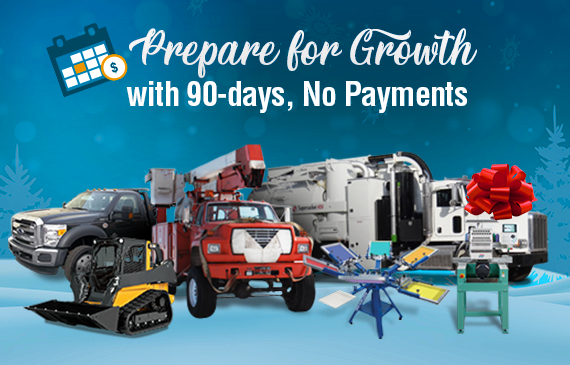 With a 90-day, no payments your business can quickly incorporate a variety of equipment, such as skid steers, tow trucks, screen printers, boom trucks, and much more. With a 90-day, no payments your business can quickly incorporate a variety of equipment, such as skid steers, tow trucks, screen printers, boom trucks, and much more.
