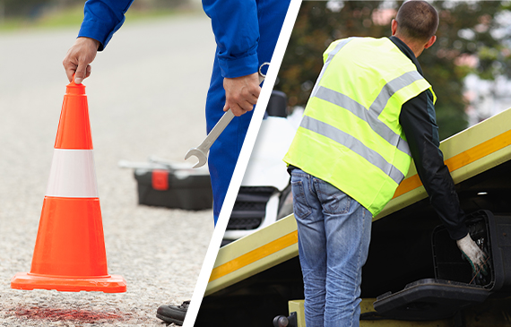 A side by side image of a towing operator laying an orange safety cone on the road (left image) and a towing operator in a safety vest uses a control box in the back of his flatbed truck to lower a ramp (right).