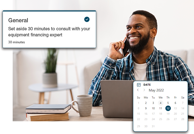 Man talking on phone, schedule a meeting booking