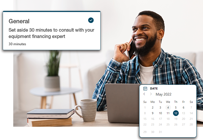 Man talking on phone, schedule a meeting booking