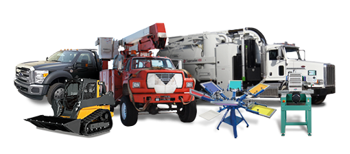 Equipment collage - tow truck, skid steer, screen printer, embroidery machine, pumper truck, bucket truck