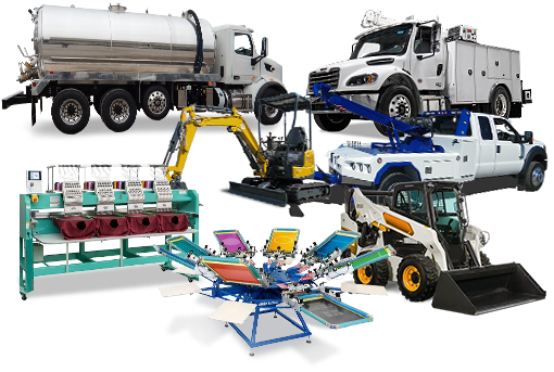A collage of various vehicles and machinery, including a tanker truck, utility truck, excavator, and screen printing equipment.