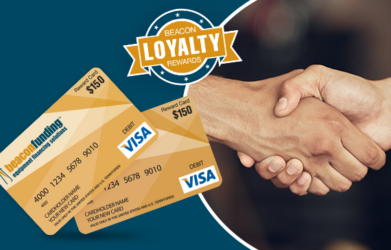 Closeup of Beacon Funding's Loyral Rewards programs featuring two Visa gift cards worth $150 each and two business partners shaking hands.