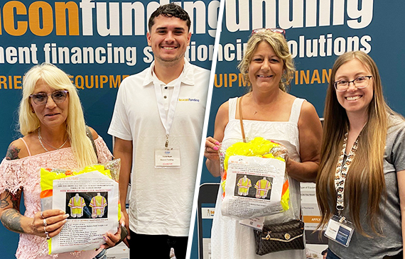 Beacon Funding's financing consultants celebrate with the winners of the giveaway at the Florida Tow Show 2023. Beacon Funding's financing consultants celebrate with the winners of the giveaway at the Florida Tow Show 2023.